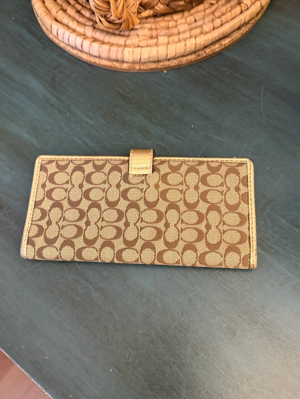 Coach Slim Wallet in Signature canvas with neutral tan monogram design